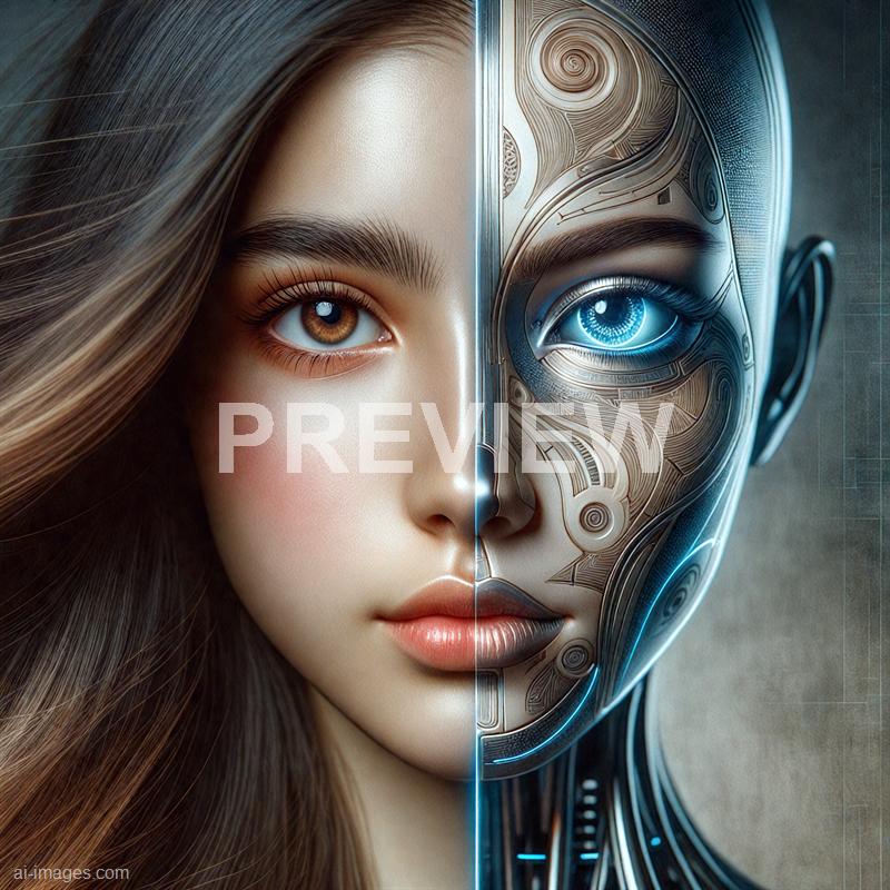 The image depicts a split view of a woman's face, with the left half showing a natural, human appearance with smooth skin, brown eyes, and long, flowing hair, while the right half reveals a highly detailed, futuristic cyborg face with metallic and circuit-like features, glowing blue eye, and intricate mechanical components. The contrasting halves highlight the blend of organic and technological elements, emphasizing a theme of human versus machine.